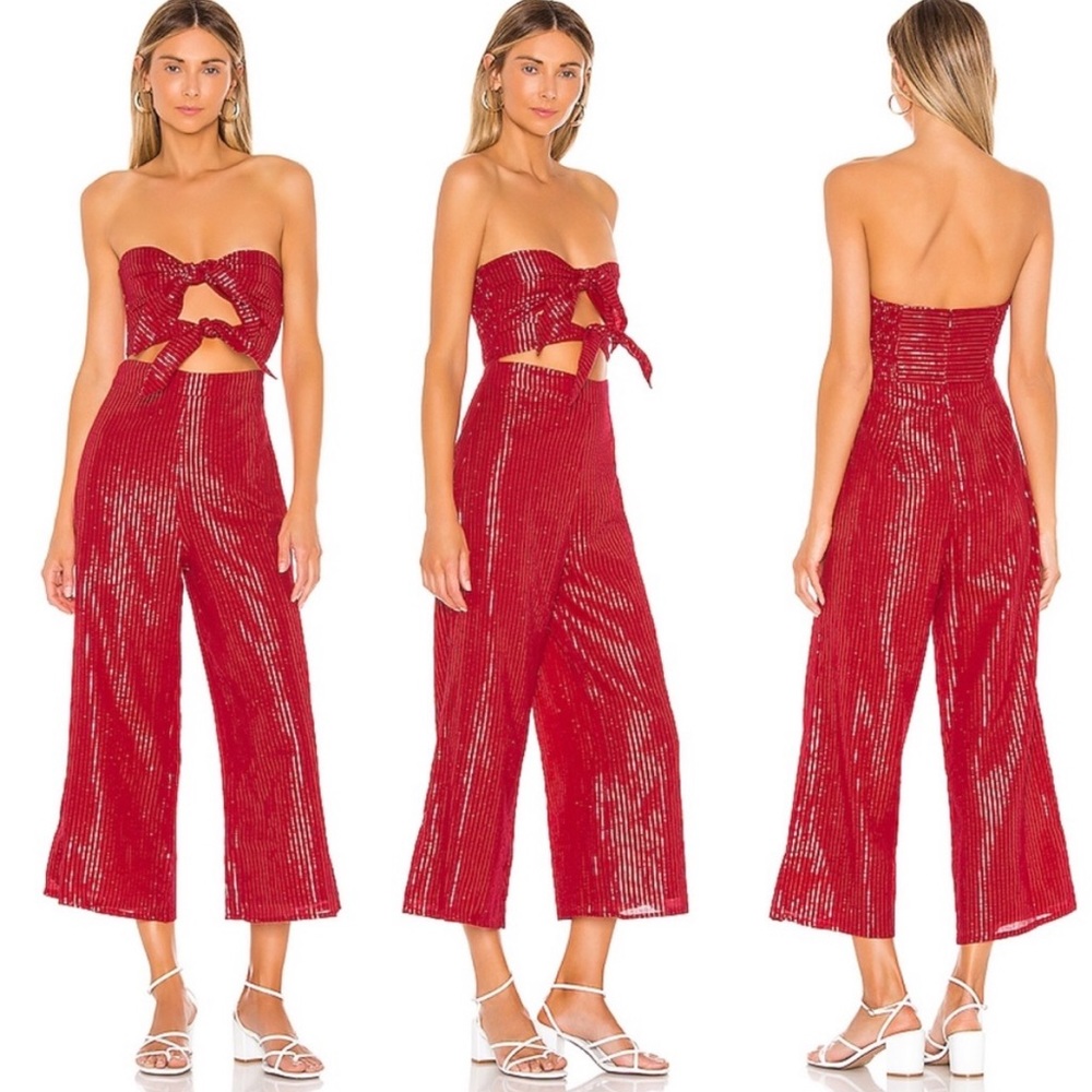Majorelle Revolve Tessa Red Strapless Wide Leg Jumpsuit Stripe Metallic Small